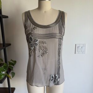 Couture Sleeveless Silk Chiffon Beaded Tank Top-Floral Sequin/Bead Design-Size 4